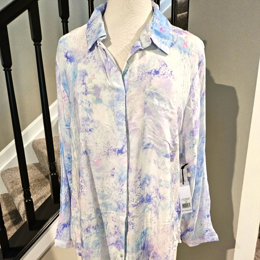 Dex Plus – Pastel Lavender/Blue Long Sleeve Button-Front Blouse (Size 1X)